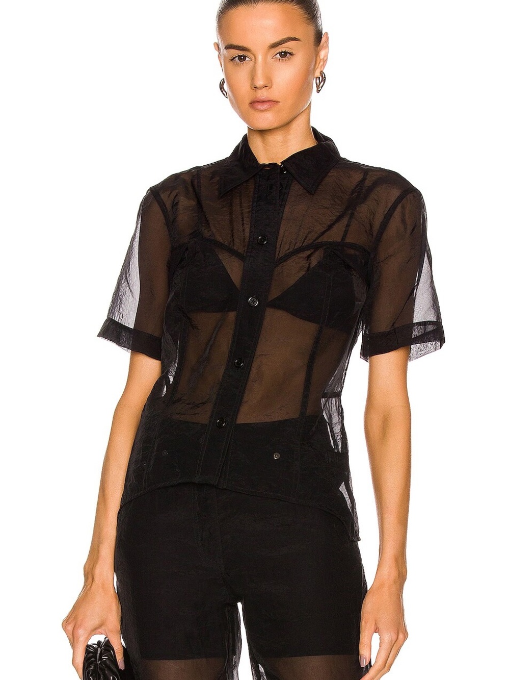 Helmut Lang Sheer Woven Lightweight Button Front Short Sleeve Shirt Top Black